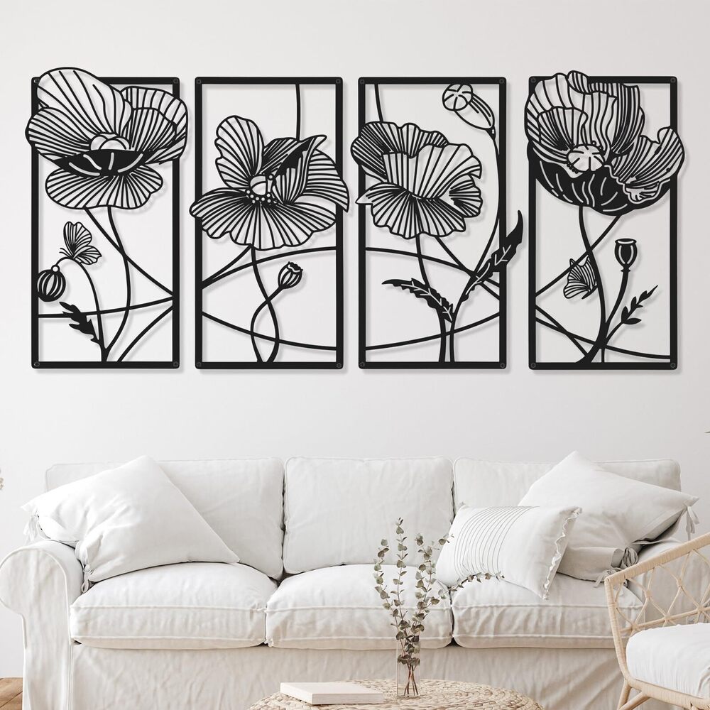 8234 4 Pcs Wall Decor Metal Floral Minimalist Line Art Wall Living Room